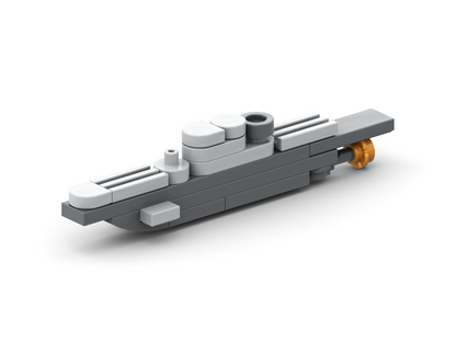 Toy ship model made of interlocking bricks on a white background