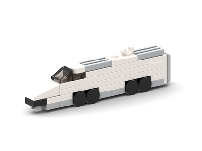 Toy car made of interlocking bricks on a white background
