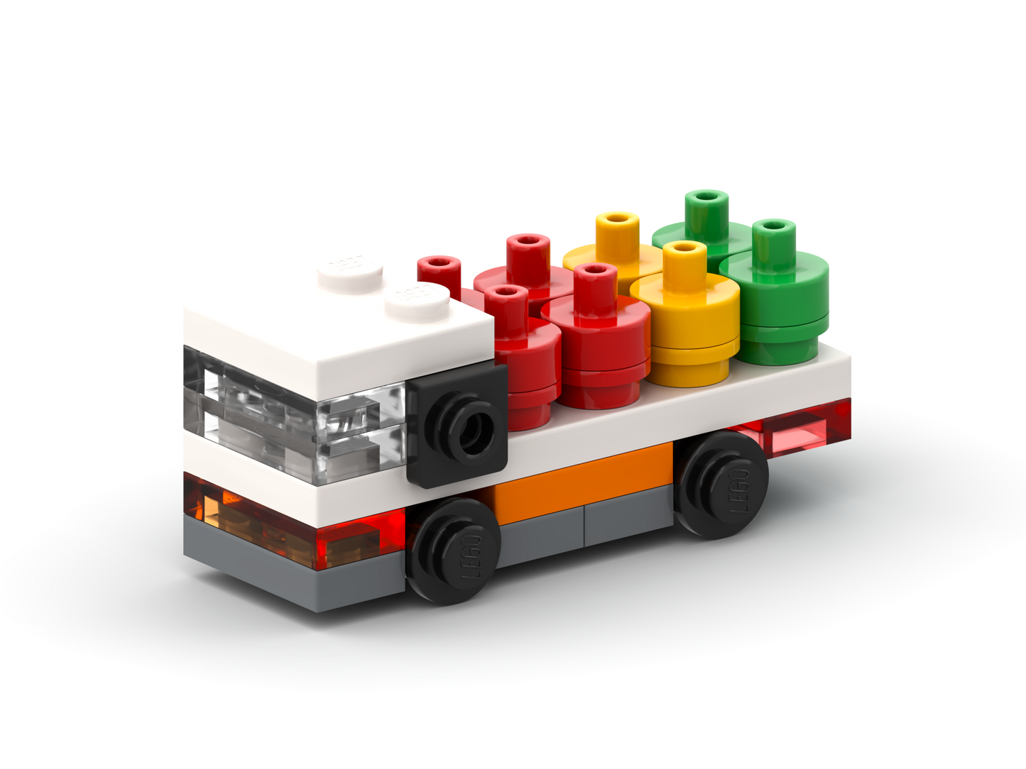 Colorful toy truck made of interlocking bricks on a white background
