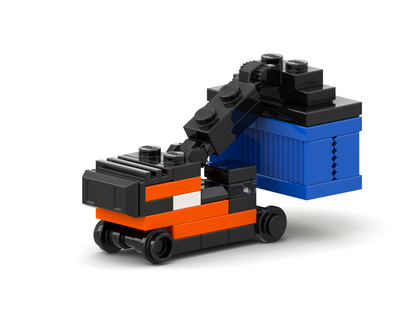 Toy construction vehicle made of interlocking bricks on a white background