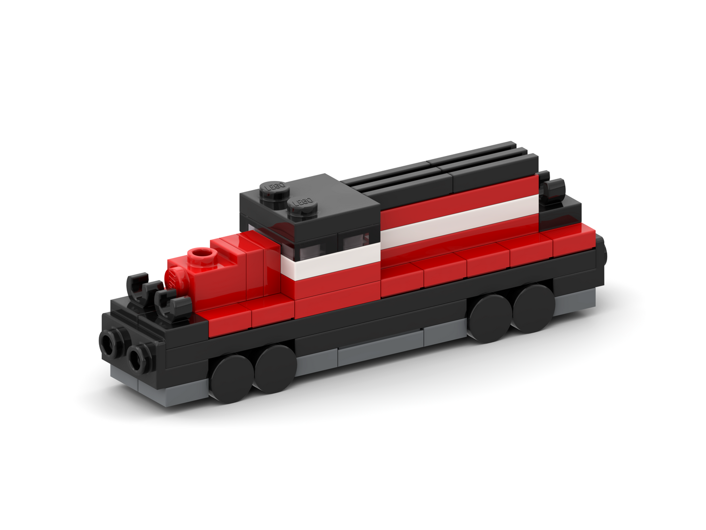 Toy train model made of interlocking bricks on a white background