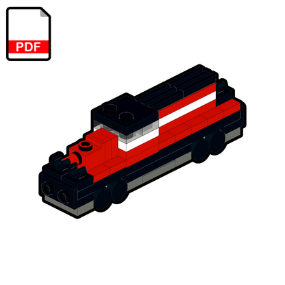 Red and black toy train model on a white background with a PDF icon.
