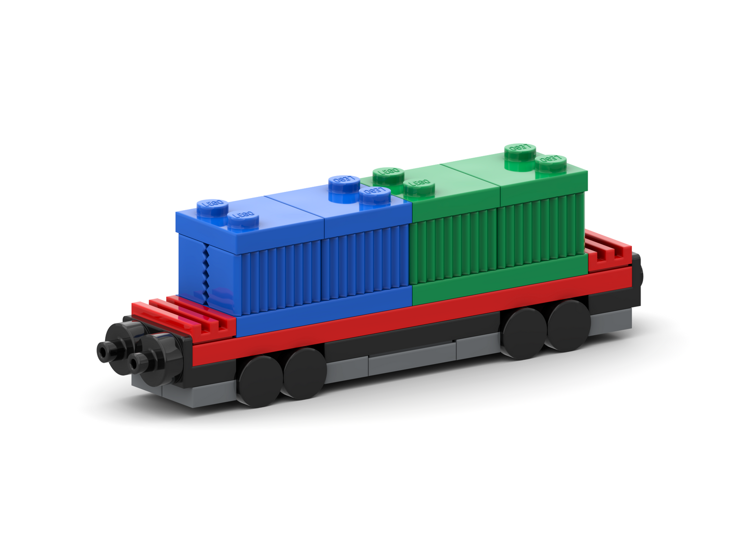 Toy train made of interlocking bricks on a white background