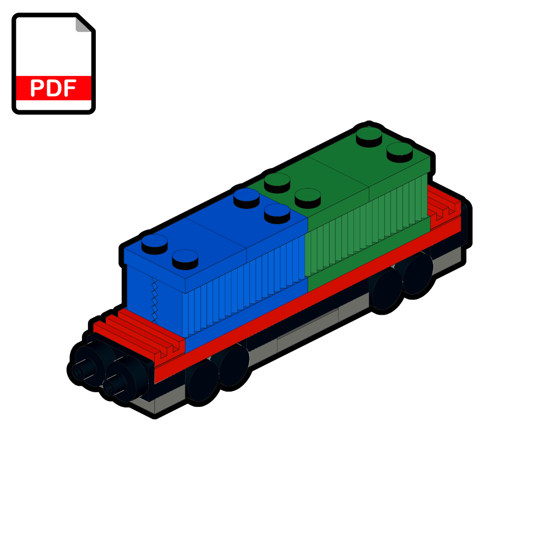 Toy train model made of interlocking bricks on a white background with a PDF icon.