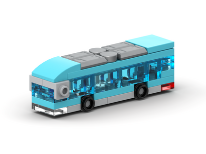 Toy bus made of interlocking bricks on a white background