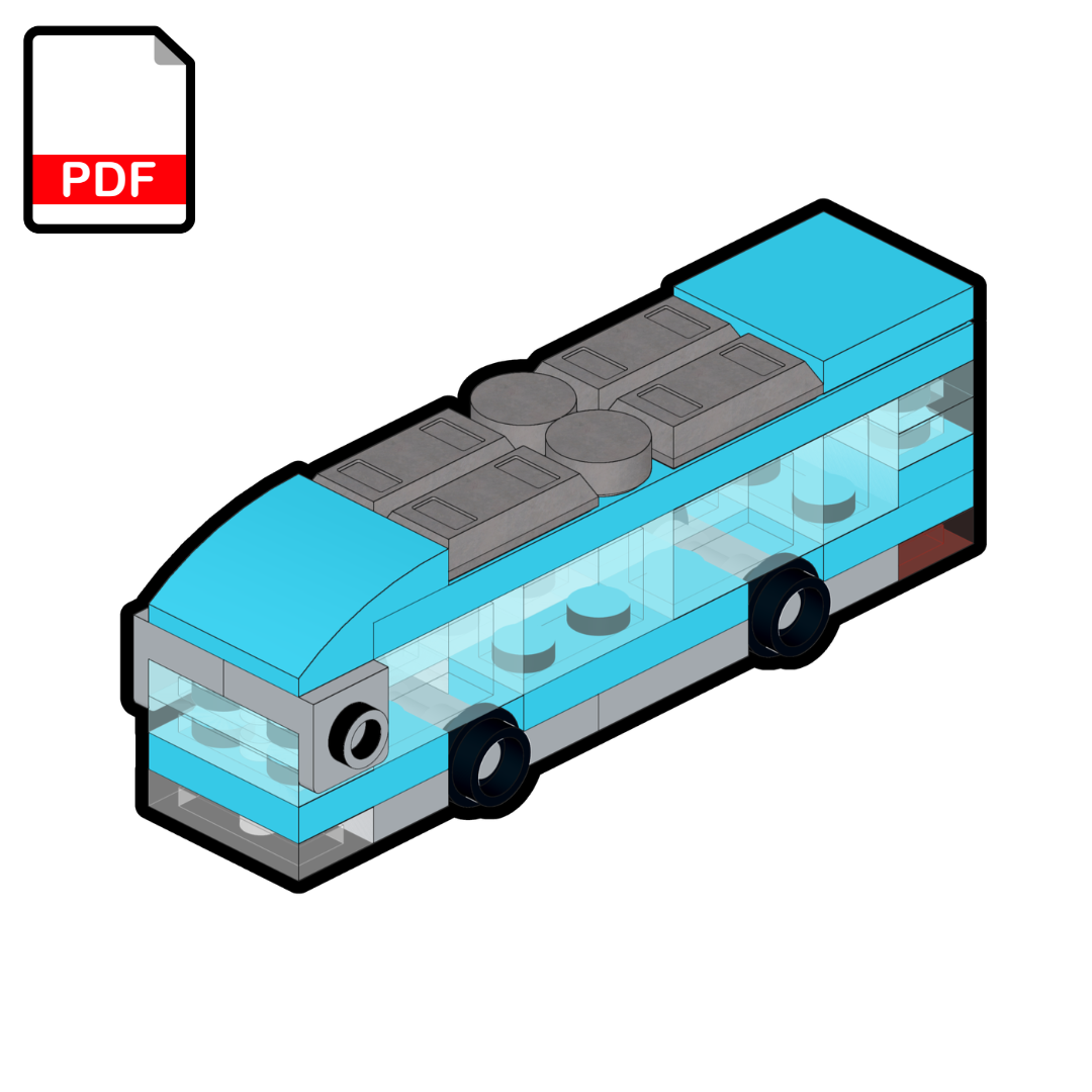 Blue and gray bus model on a white background with a PDF icon.
