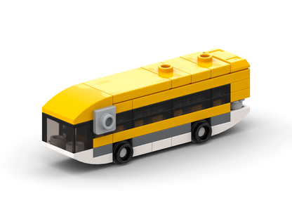 Toy bus made of interlocking bricks on a white background