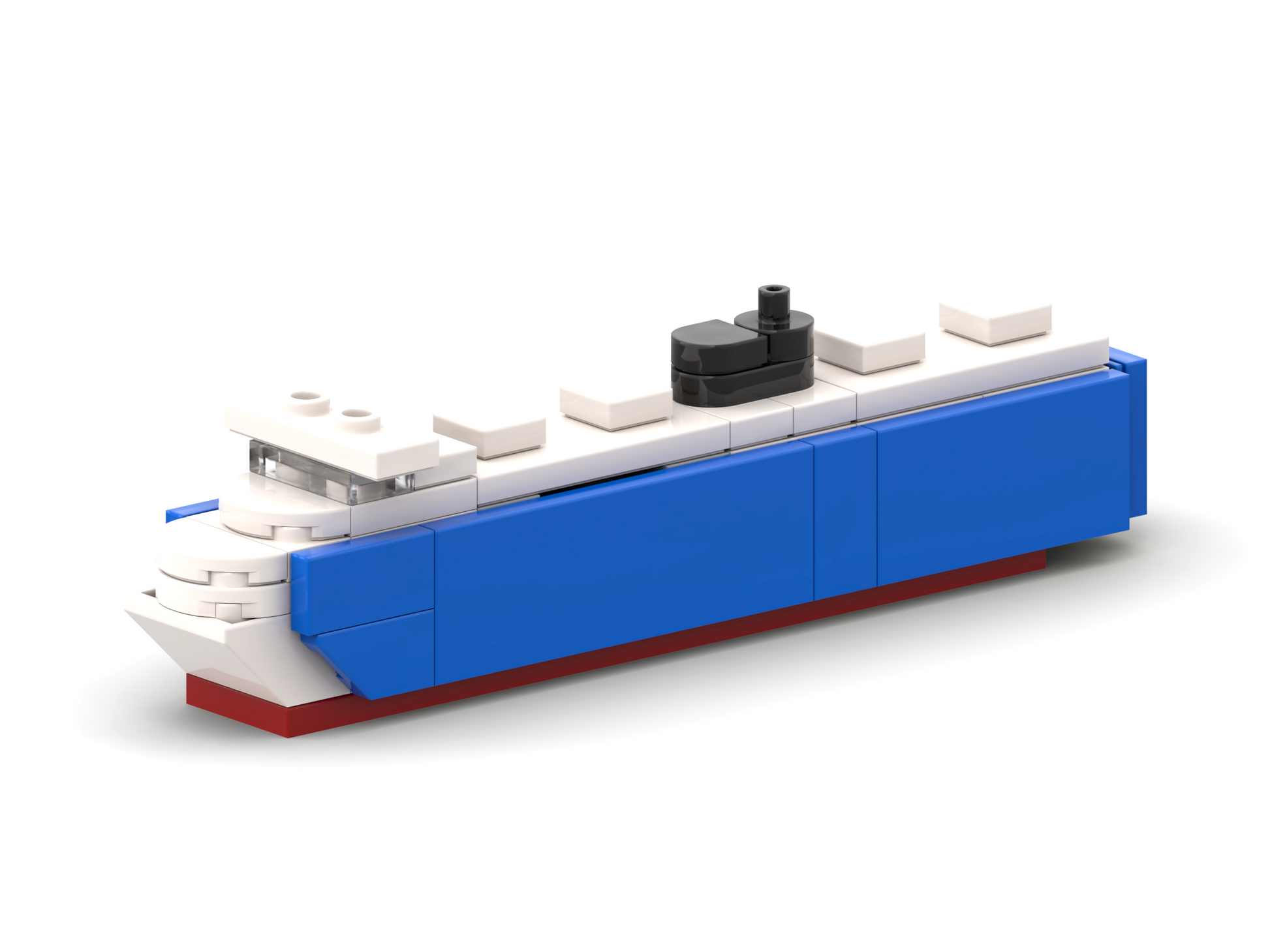 Model of a ship made from interlocking bricks on a white background