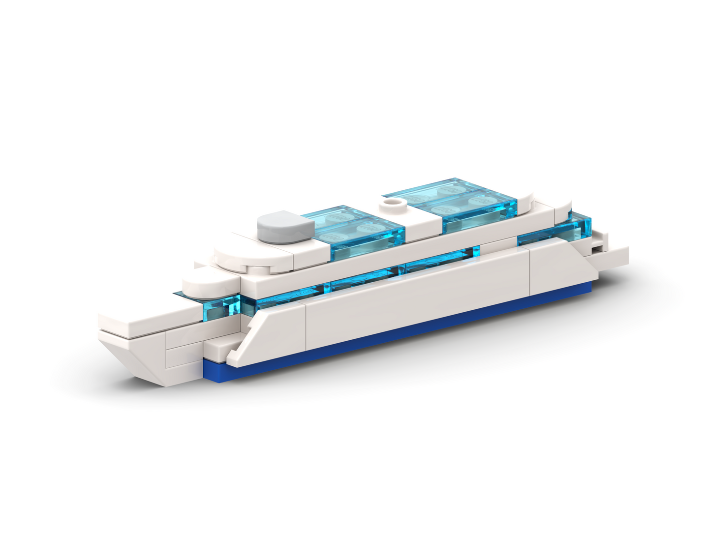 Toy boat model made of interlocking bricks on a white background