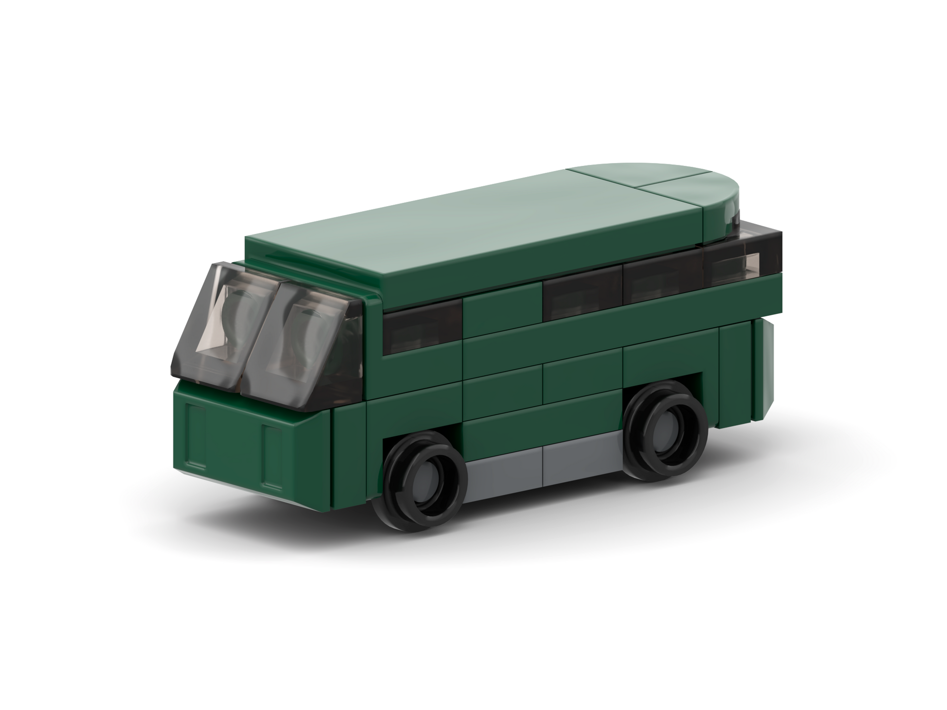 Green toy bus made of interlocking bricks on a white background