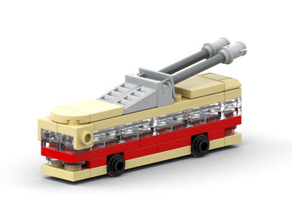 Model of a trolleybus made from interlocking plastic bricks on a white background