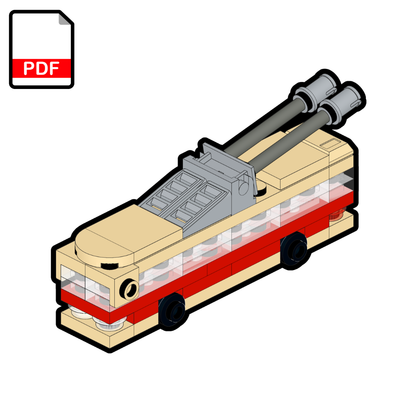 Model of a trolleybus made from interlocking bricks on a white background with a PDF icon.