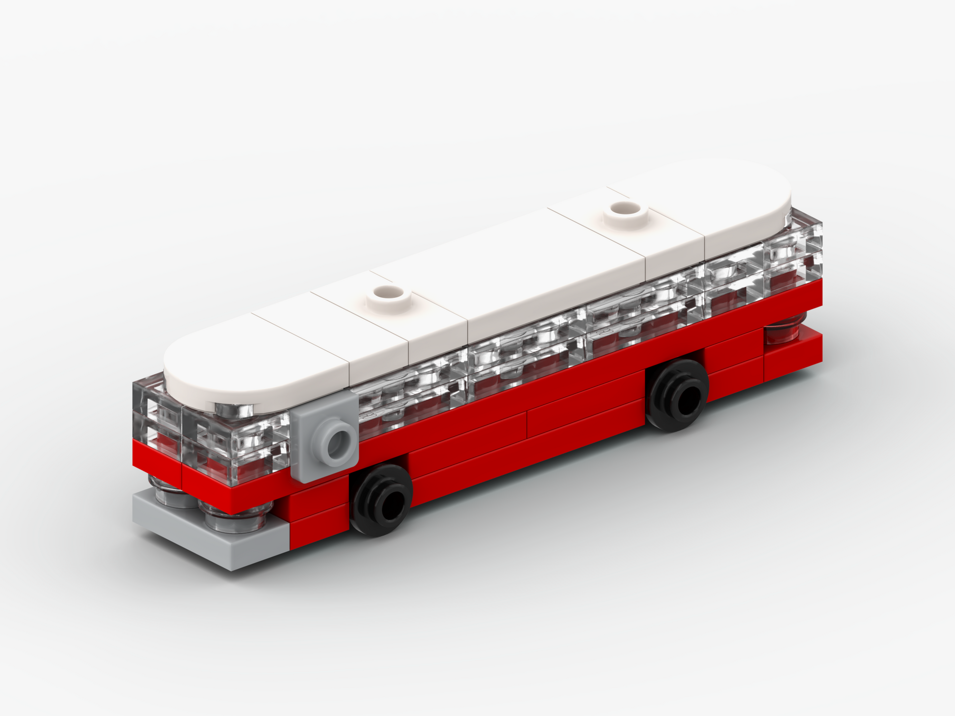 Model of a bus made from interlocking plastic bricks on a white background