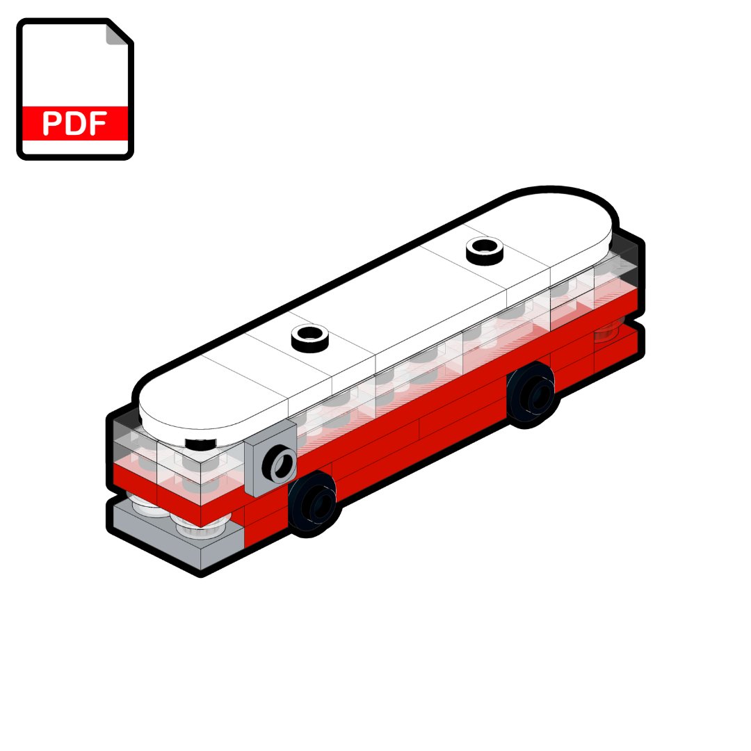 Model of a bus made from interlocking bricks on a white background with a PDF icon.