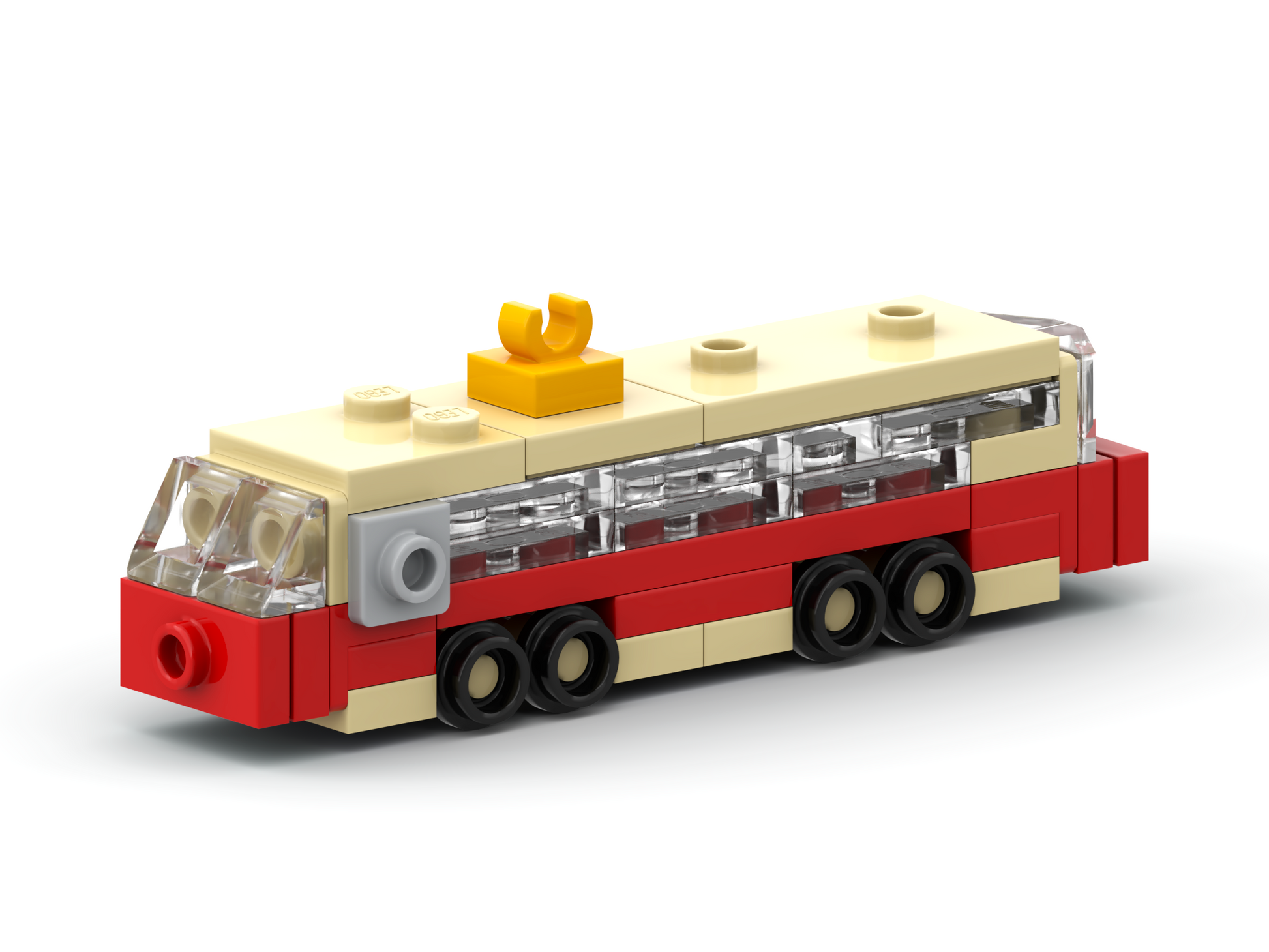 3D rendered image of a retro styled LEGO tramway model.