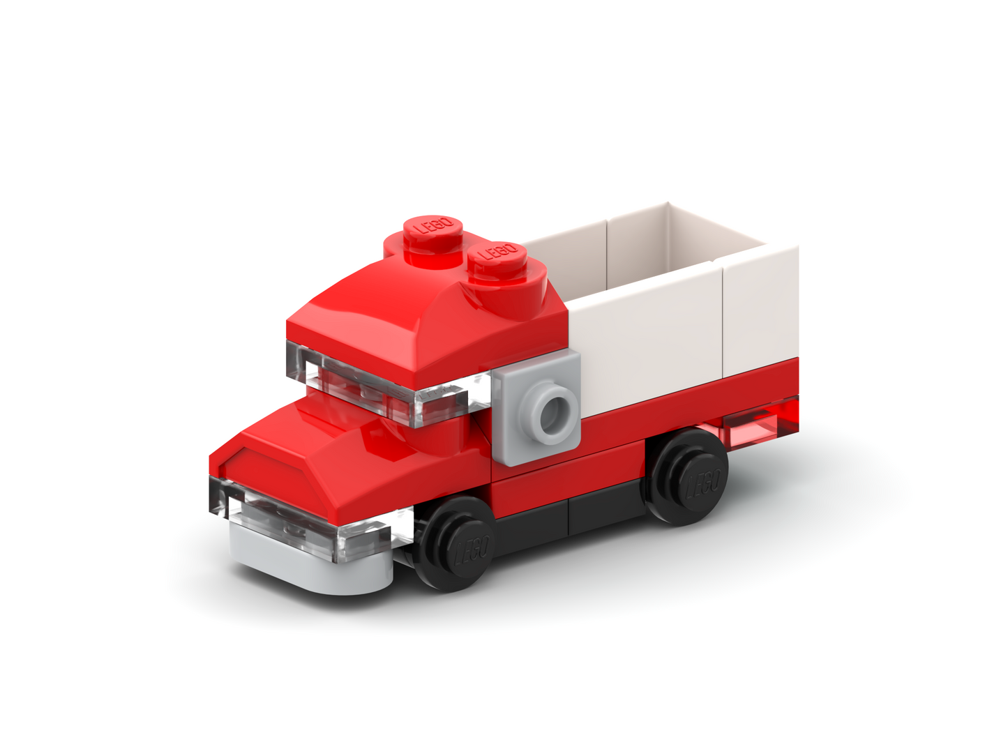 Red and white toy truck made of interlocking bricks on a white background