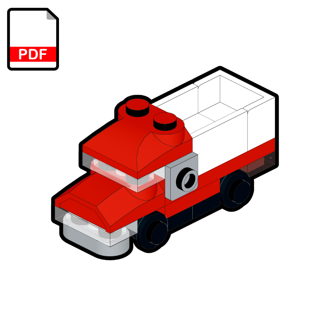 Red toy truck model on a white background with a PDF icon.
