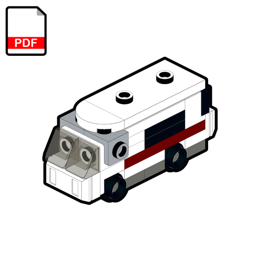 Illustration of a micro-scaled LEGO motorhome vehicle.