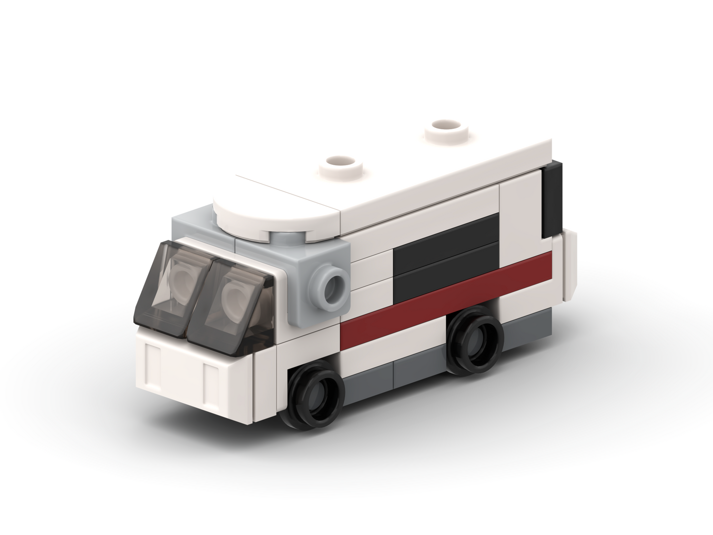 Model of a bus made from interlocking bricks on a white background