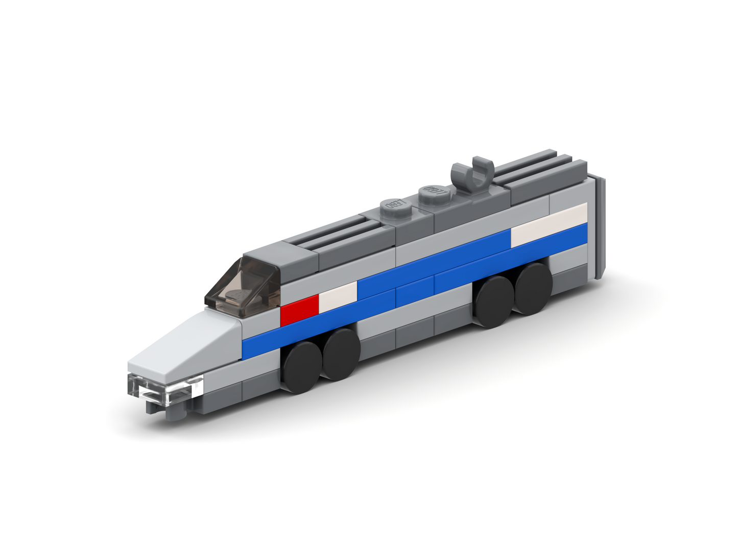 Toy train model made of interlocking bricks on a white background