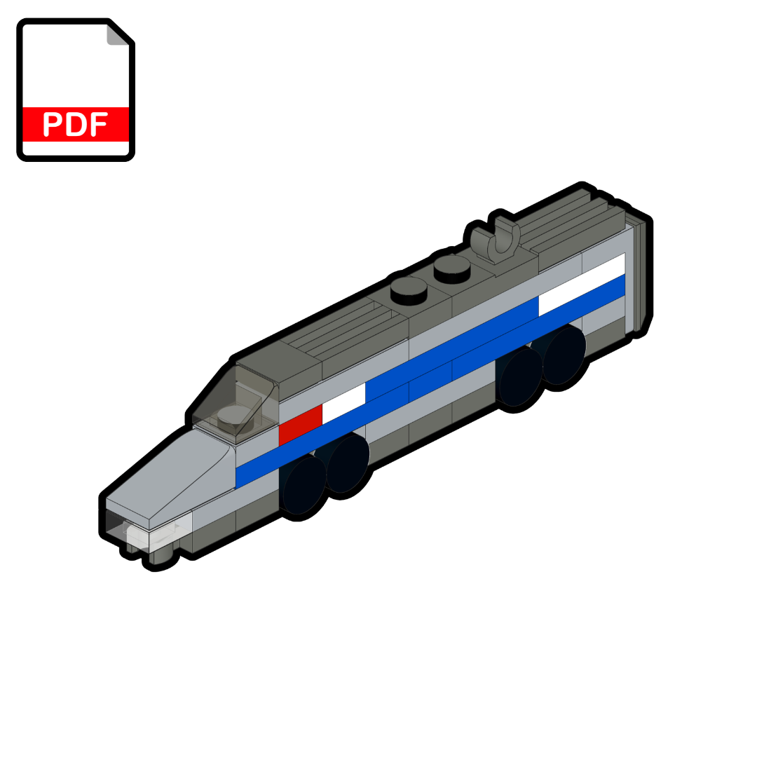 Model of a train made from interlocking bricks on a white background with a PDF icon.