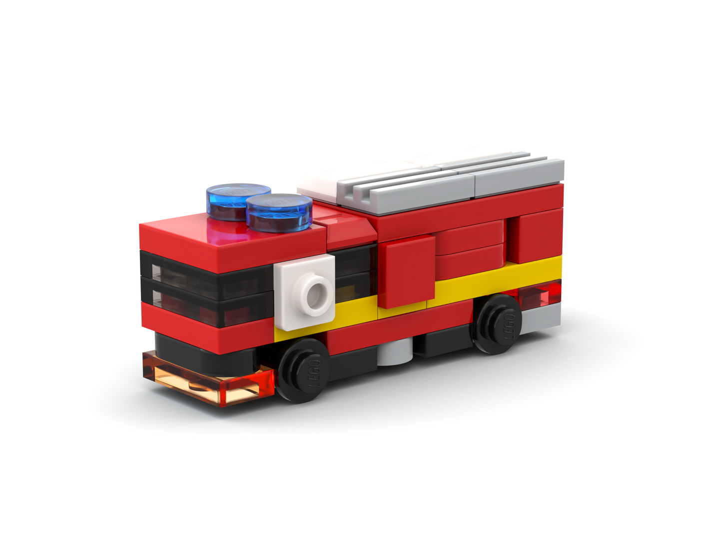 Toy fire truck made of interlocking bricks on a white background
