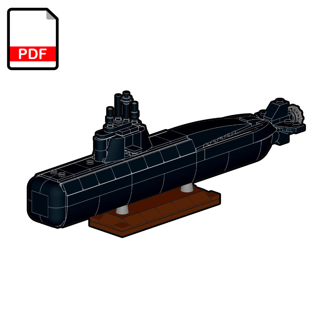 Model of a submarine on a stand with a PDF icon in the corner