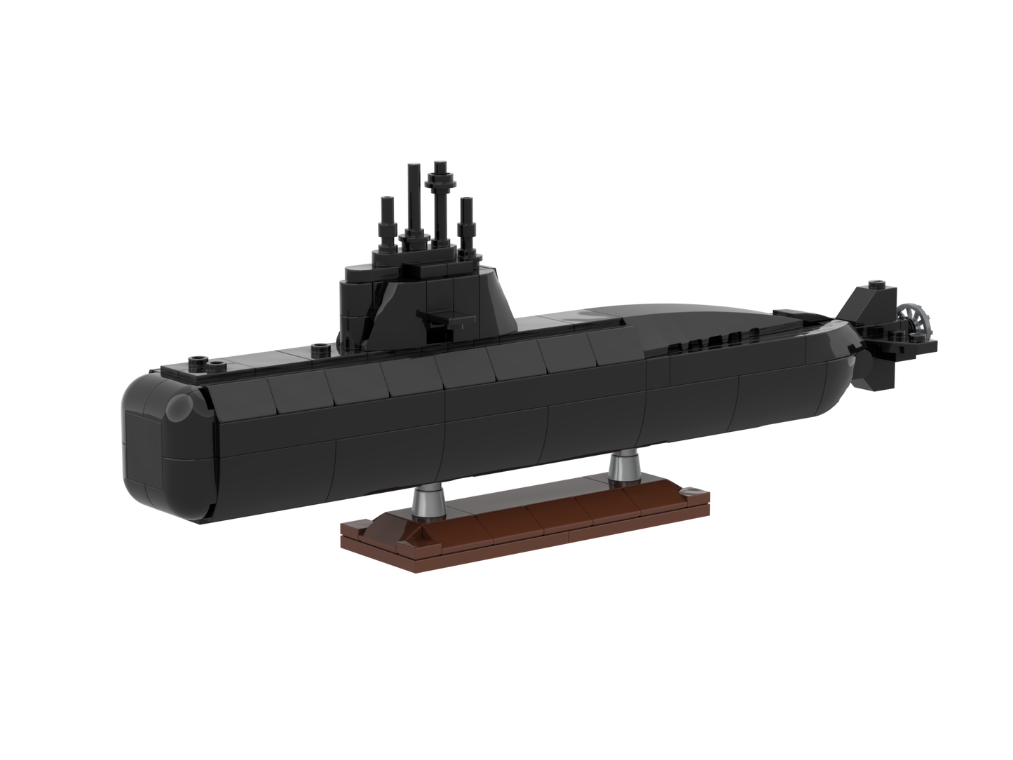 Model of a submarine made from building blocks on a white background