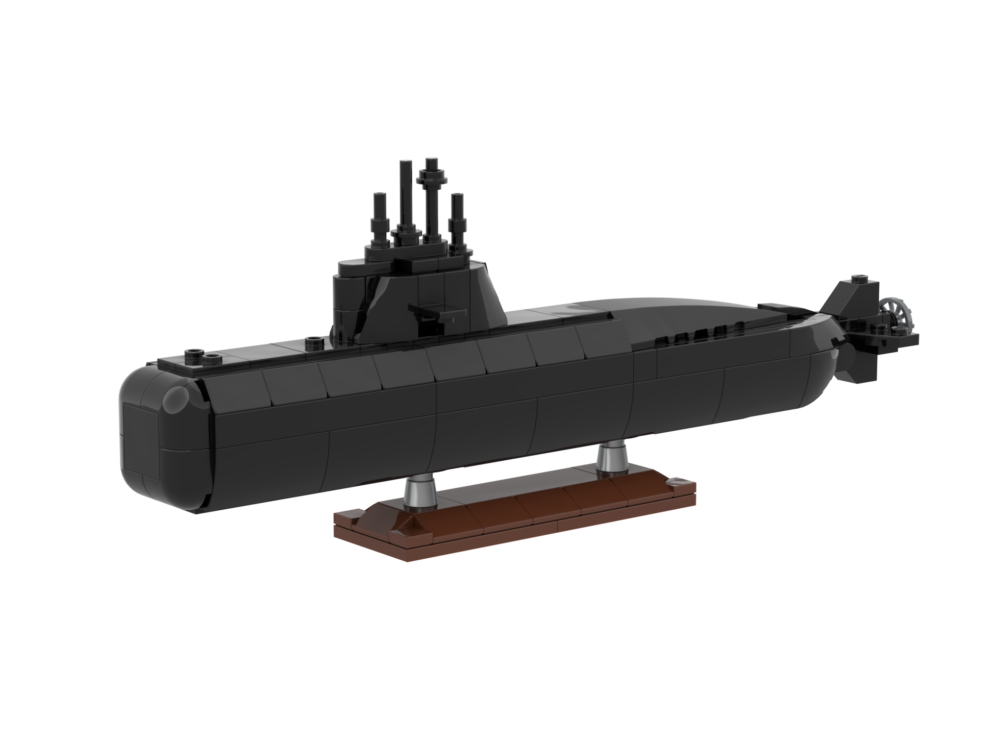 Model of a submarine made from building blocks on a white background