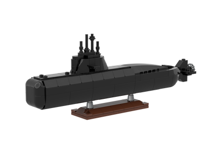 Model of a submarine made from building blocks on a white background