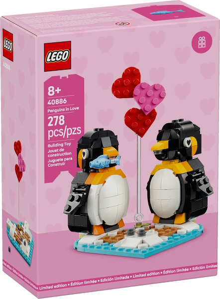 LEGO Penguin in Love set packaging with penguins and heart balloons on a pink background