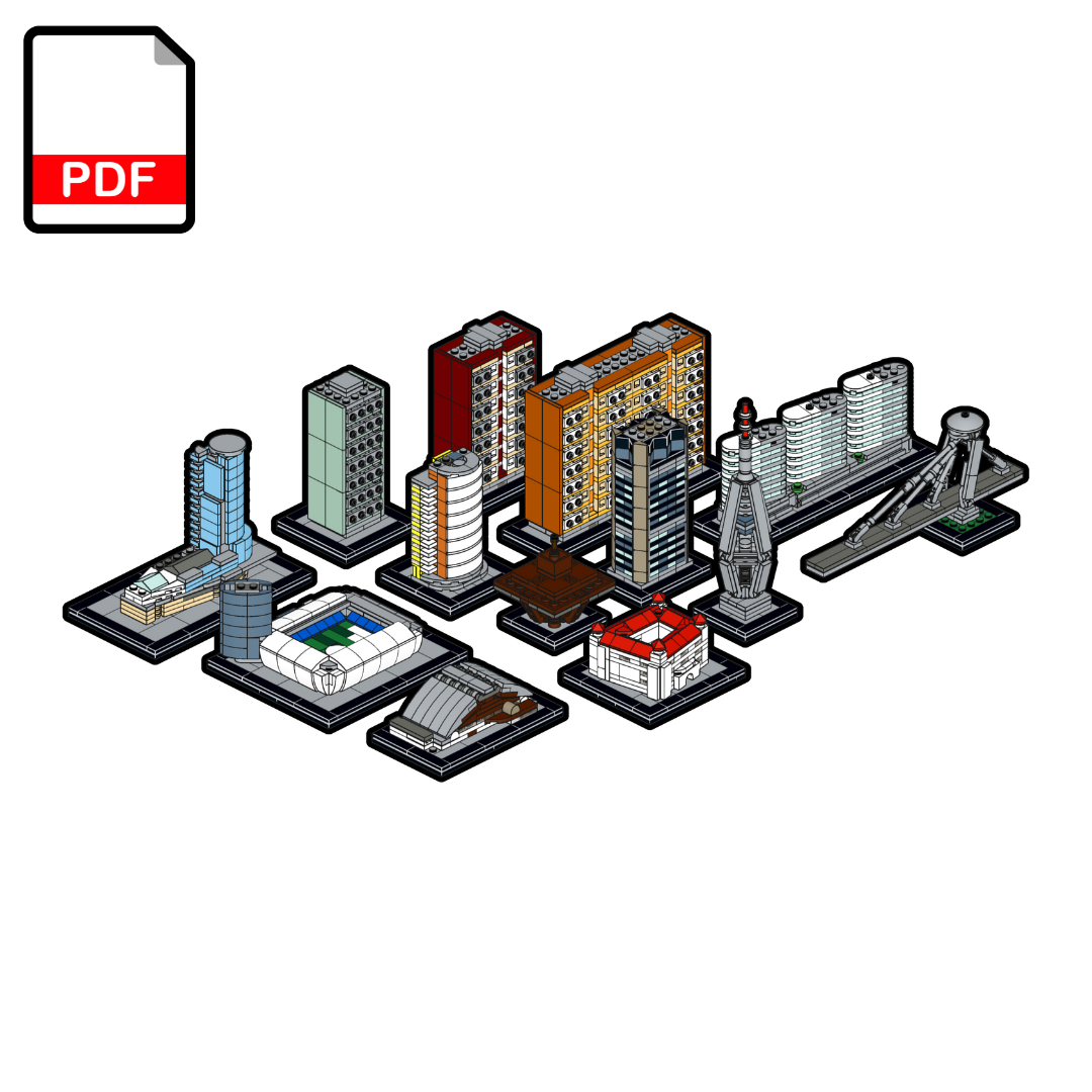 A collection of PDF building instructions for various LEGO models representing buildings and landmarks of Bratislava, with a prominent 'PDF' icon.