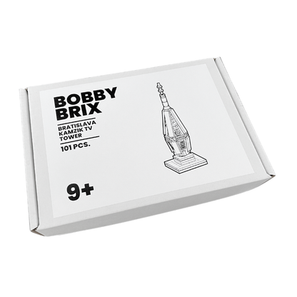 Box of Bobby Brix building blocks with TV tower design on a white background