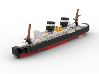 Model of a ship made from interlocking bricks on a white background