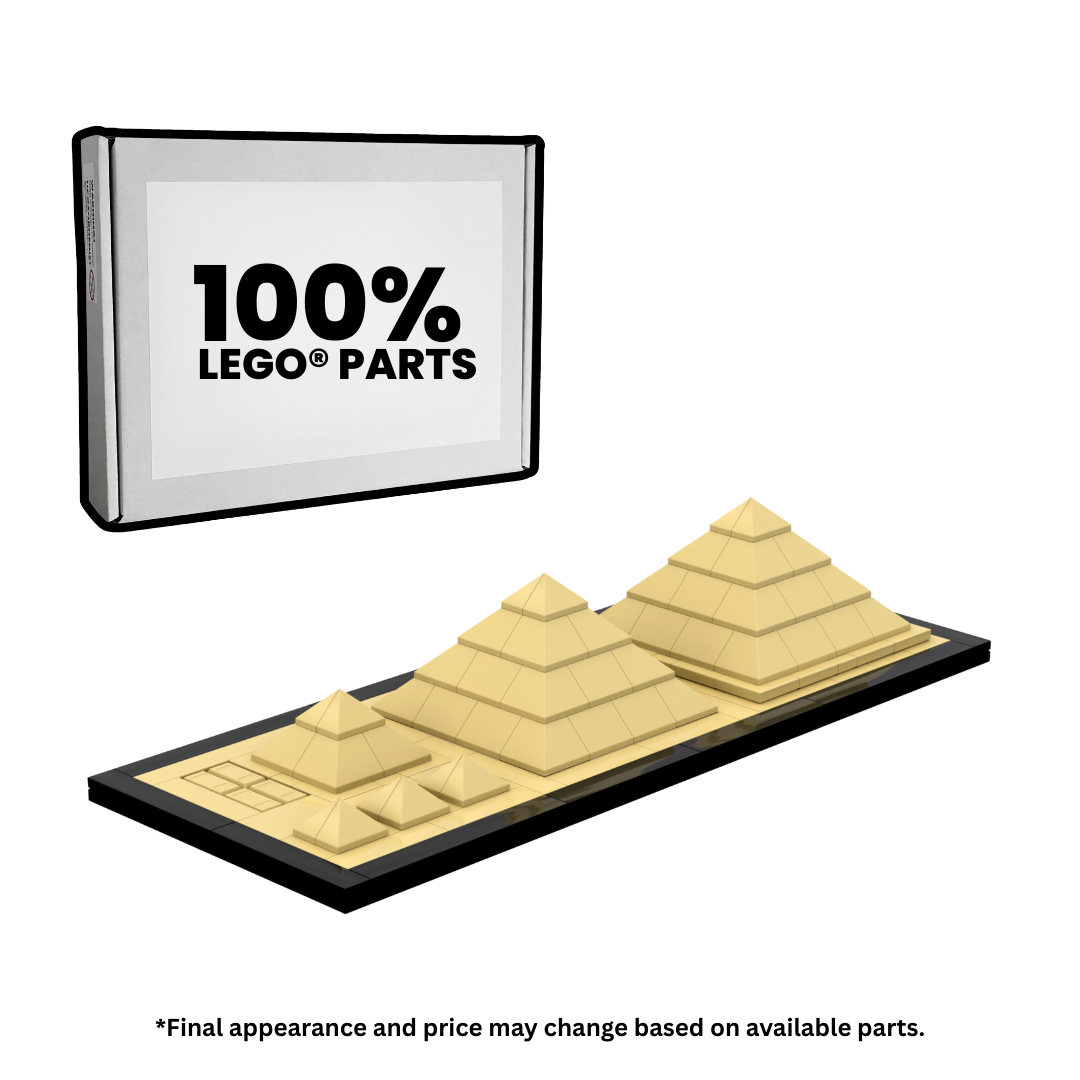 Model of pyramids with a sign indicating 100% LEGO parts on a white background