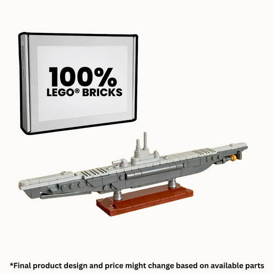 LEGO model of a submarine on a white background with a sign indicating 100% LEGO bricks.