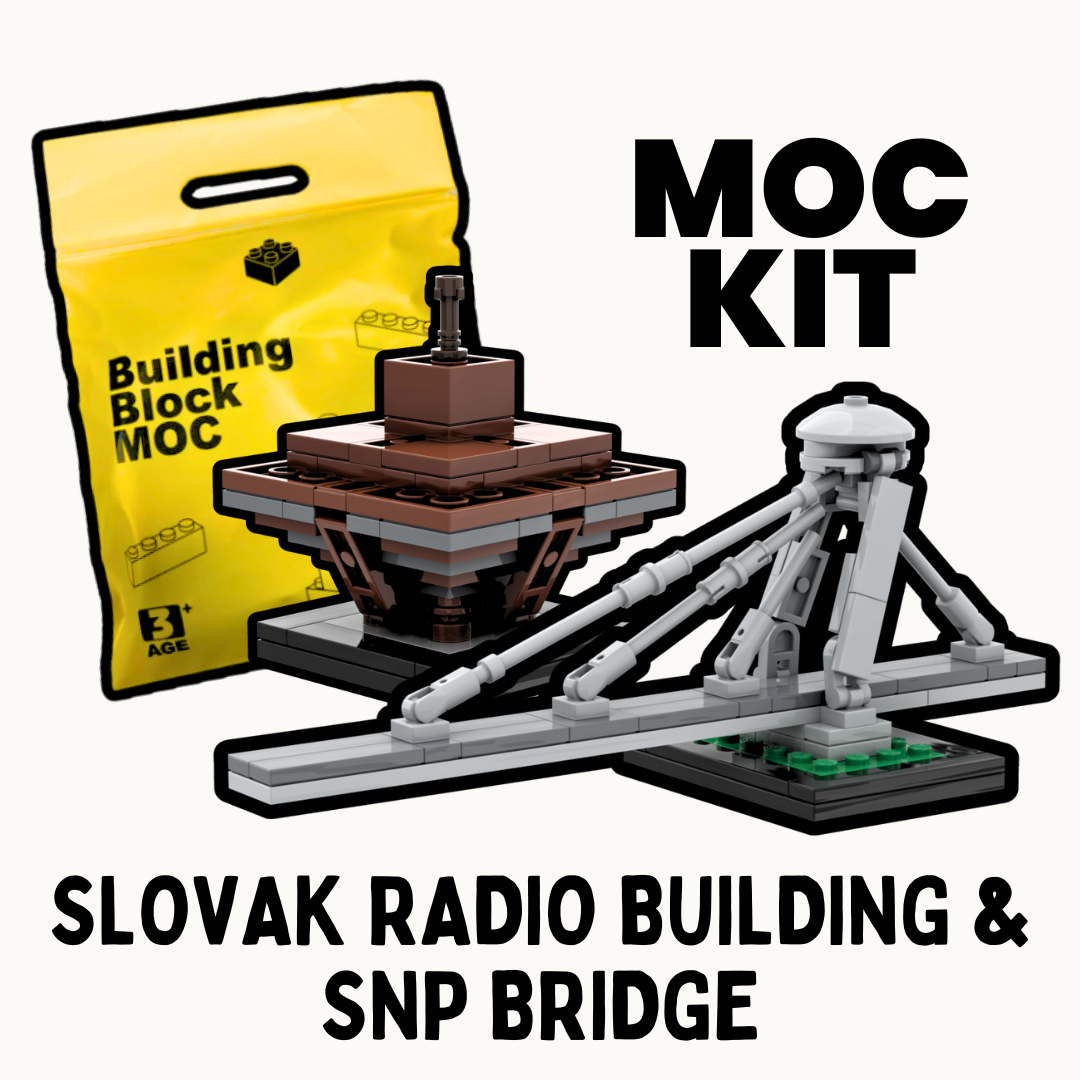 MOC Kit Slovak Radio Building & SNP Bridge with packaging on a white background.