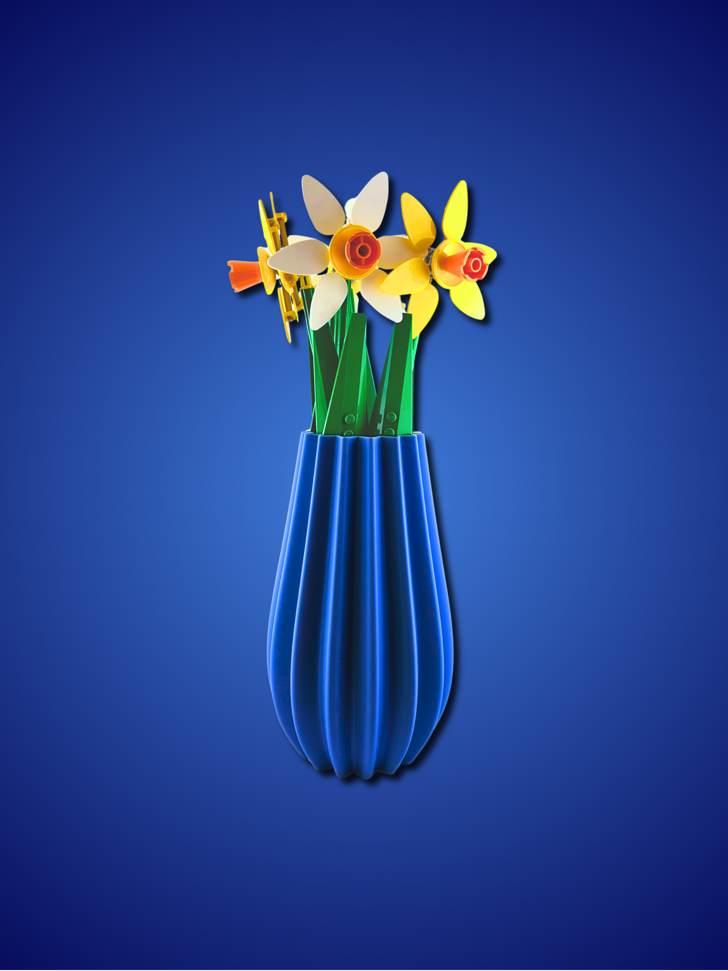 Blue vase with paper flowers on a blue background