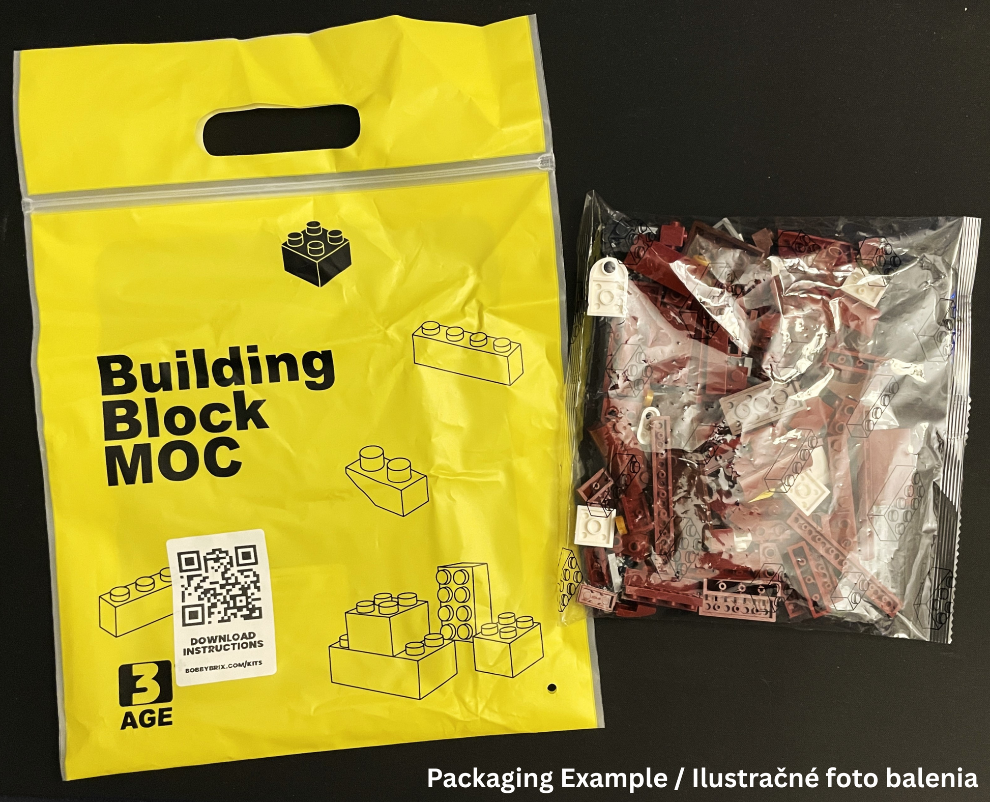 Yellow 'Building Block MOC' packaging with a clear bag containing building blocks on a black background.
