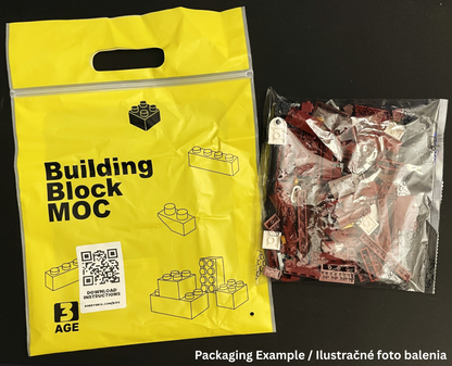 Yellow 'Building Block MOC' packaging with a clear bag containing building blocks on a black background.